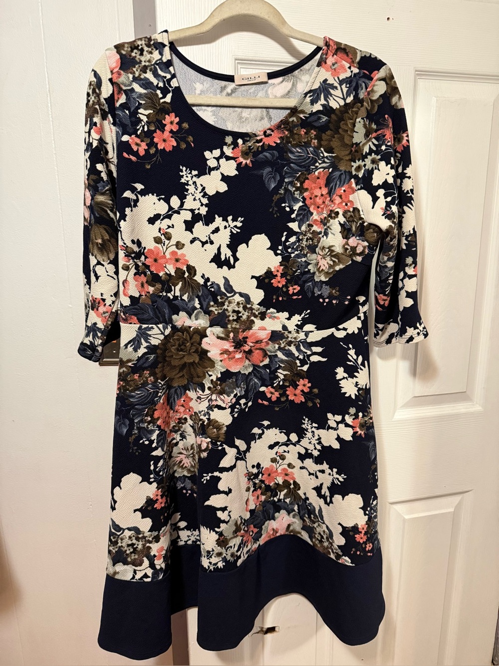 Gilli 2X Navy Floral Fit & Flare Dress 3/4 Sleeve